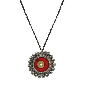 Large round velvet evil eye necklace with silver-thread embroidery, hematite beads and a handmade brass eye on an adjustable knotted cord.