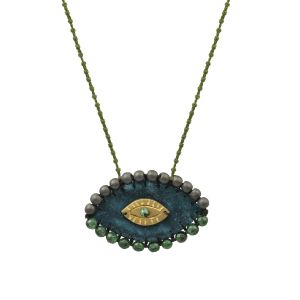 handmade dark-petrol velvet evil eye necklace with hematite stones and a brass eye