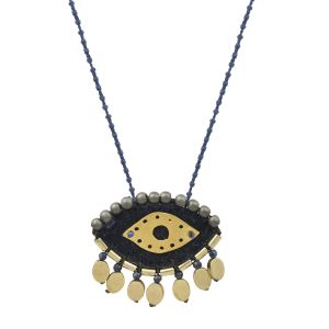 handmade navy velvet evil eye necklace with brass detail, hematite stones and gold drops
