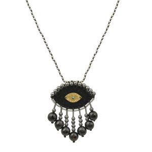 Handmade black velvet evil-eye necklace embroidered with hematite stones, onyx teardrops and a handcrafted brass eye, finished with a hematite rosary chain.