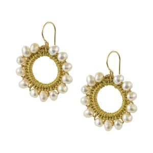 Gold embroidered folklore earrings with freshwater cultured pearls, boho luxe handmade design.