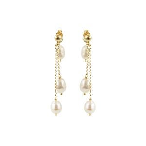 Gold-plated silver drop earrings featuring two chain segments with freshwater cultured pearls (7–9 mm) and a 5 mm ball stud, handmade in a boho luxe style.