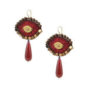 Large burgundy velvet evil-eye earrings embroidered with hematite, jade teardrops and a handcrafted brass eye.