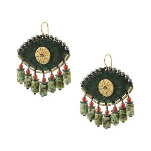 Large green velvet evil-eye earrings embroidered with hematite, African pine stones and a handcrafted brass sun.