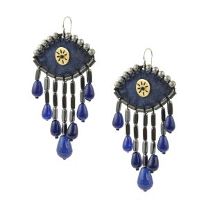 Handmade dusty blue velvet evil-eye earrings embroidered with hematite stones, jade teardrops and a brass sun detail, featuring gold-plated 925 silver hooks.