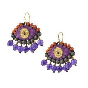 Purple velvet evil-eye earrings embroidered with hematite, jade, carnelian and finished with a handcrafted brass eye.