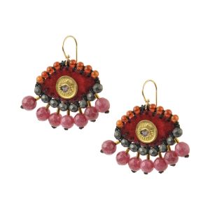 Handmade Burgundy Velvet Evil Eye Earrings with Hematite, Jade & Carnelian