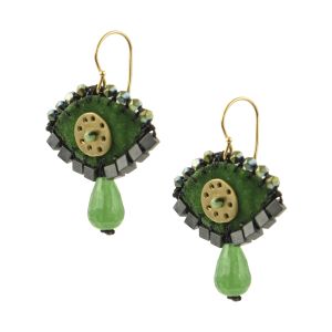 Handmade small green velvet eye earrings embroidered with hematite and jade drops, finished with a brass sun-circle and gold-plated silver hooks.