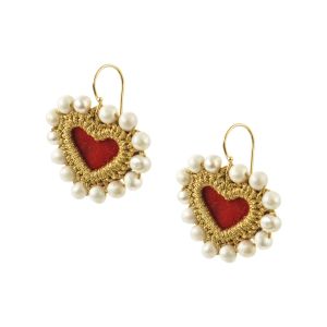 Handmade boho-luxe earrings with red velvet hearts, gold-thread embroidery and freshwater pearls.