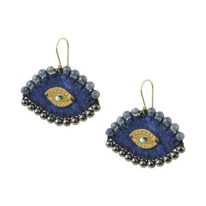handmade royal-blue velvet evil eye earrings with hematite, blue jade and a brass eye