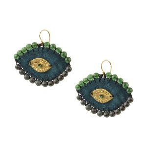 handmade dark-petrol velvet evil eye earrings with hematite stones, jade and a brass eye