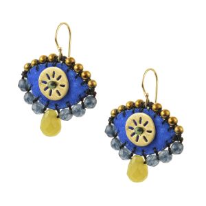 Handmade small royal-blue velvet eye earrings embroidered with hematite and jade stones, brass beads, a central brass sun element and a lemonite drop, finished with gold-plated silver hooks.
