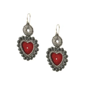 Handmade boho-luxe earrings with red velvet sacred hearts, hematite beads and embroidered silver thread.