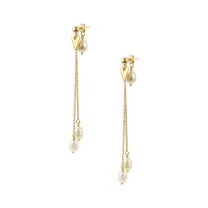 Gold-plated silver drop earrings with two chains of different lengths, adorned with freshwater cultured pearls and a triangular charm, plus a hidden pearl on the back fastening.