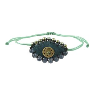 Hand-embroidered small teal velvet evil eye bracelet with hematite, jade and a brass circle element on mint cord.