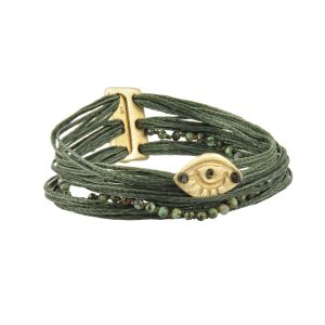 Multistrand rosary bracelet with green waxed cord, African turquoise beads, handmade eye charm and 925 silver or gold-plated 925 clasp.
