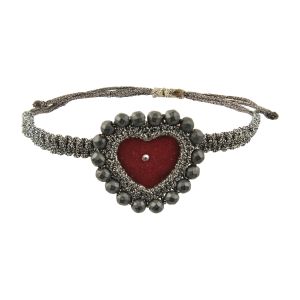 Handmade boho-luxe bracelet with a red velvet sacred heart, silver-thread embroidery and faceted hematite.