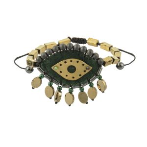 Large green Evil Eye Bracelet embroidered with Hematite and Jade