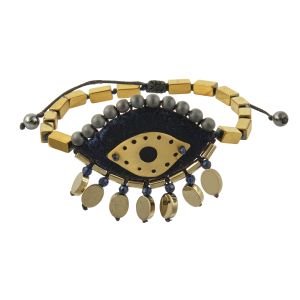 Hand-embroidered green velvet evil eye bracelet with hematite, jade, brass eye element, hematite rosary and gold-tone drops.
