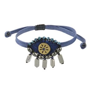Small dusty blue velvet evil eye bracelet embroidered with hematite and lapis lazuli, handmade brass sun element, flat cord, macramé closure.