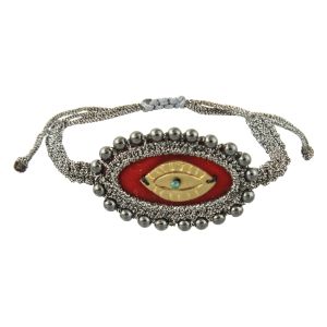 Dark velvet oval evil eye bracelet with silver-thread embroidery, hematite beads and a handmade brass eye on a macramé cord