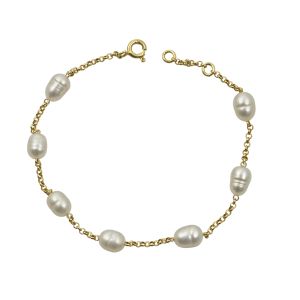 Gold-plated silver bracelet with multiple freshwater cultured pearls along a chain, handcrafted in a boho luxe style.