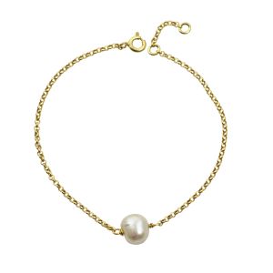 Gold-plated silver bracelet with a single freshwater cultured pearl drop, handmade in a boho luxe style.