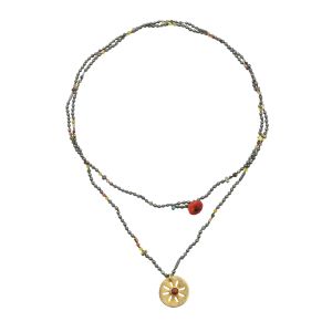 Handmade Rosario necklace with hematite and mixed semi-precious stones, knotted one by one with silk thread, featuring a handcrafted silver sun bezel with carnelian cabochon by Chase the Sun Boho Luxe Jewellery