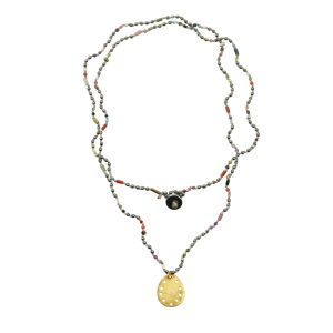 Handmade Rosario necklace with hematite and mixed semi-precious stones, knotted one by one with silk thread, featuring a handcrafted silver tear drop element by Chase the Sun Boho Luxe Jewellery
