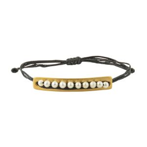 Handmade silver identity bar bracelet with freshwater cultured pearls on black waxed cord, Chase the Sun Boho Luxe Jewellery