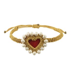 andmade velvet heart bracelet with gold thread embroidery and pearl, macrame closure